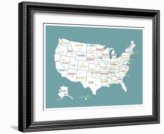 Turquoise USA Map-Kindred Sol Collective-Framed Art Print