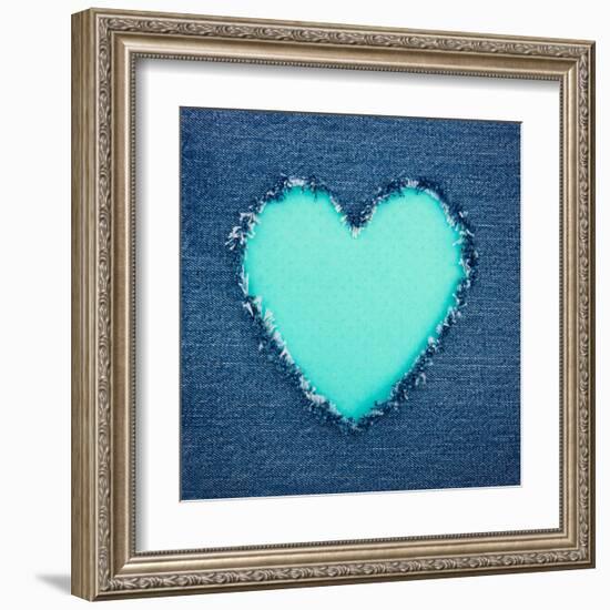 Turquoise Vintage Heart on Blue Denim Fabric-Anna-Mari West-Framed Art Print