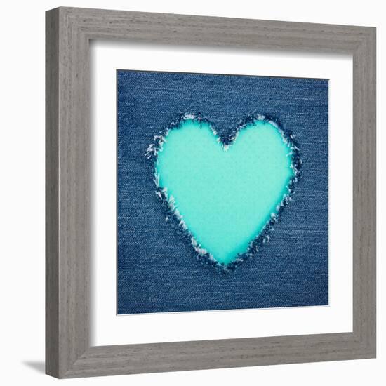 Turquoise Vintage Heart on Blue Denim Fabric-Anna-Mari West-Framed Art Print