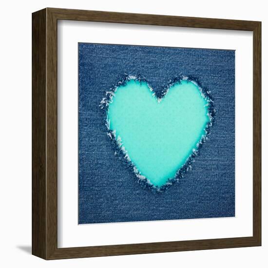 Turquoise Vintage Heart on Blue Denim Fabric-Anna-Mari West-Framed Art Print