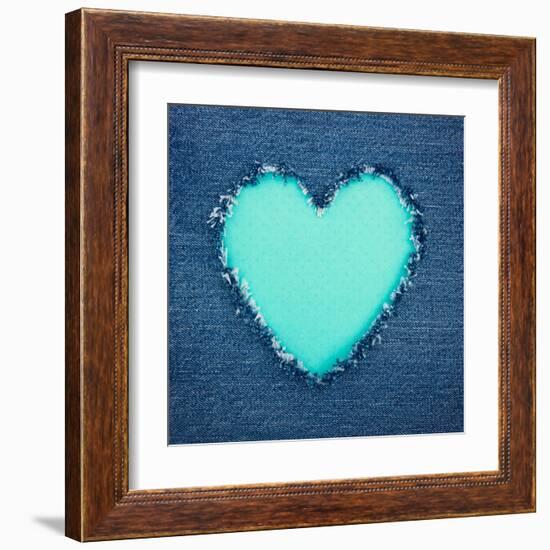 Turquoise Vintage Heart on Blue Denim Fabric-Anna-Mari West-Framed Art Print