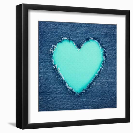 Turquoise Vintage Heart on Blue Denim Fabric-Anna-Mari West-Framed Art Print