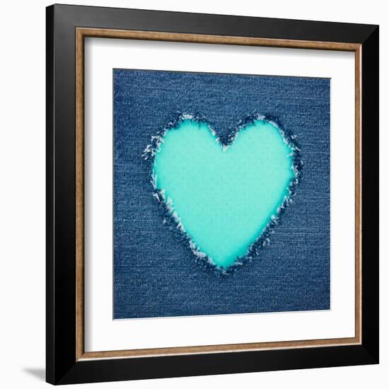 Turquoise Vintage Heart on Blue Denim Fabric-Anna-Mari West-Framed Art Print