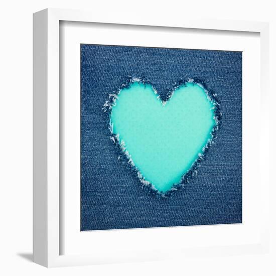 Turquoise Vintage Heart on Blue Denim Fabric-Anna-Mari West-Framed Art Print