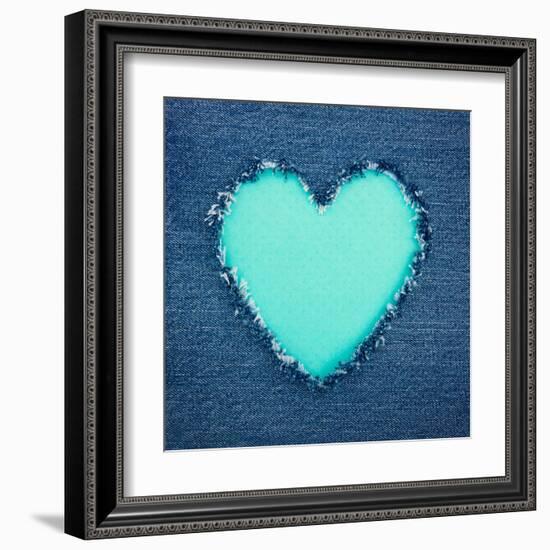 Turquoise Vintage Heart on Blue Denim Fabric-Anna-Mari West-Framed Art Print