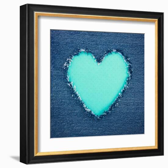 Turquoise Vintage Heart on Blue Denim Fabric-Anna-Mari West-Framed Art Print