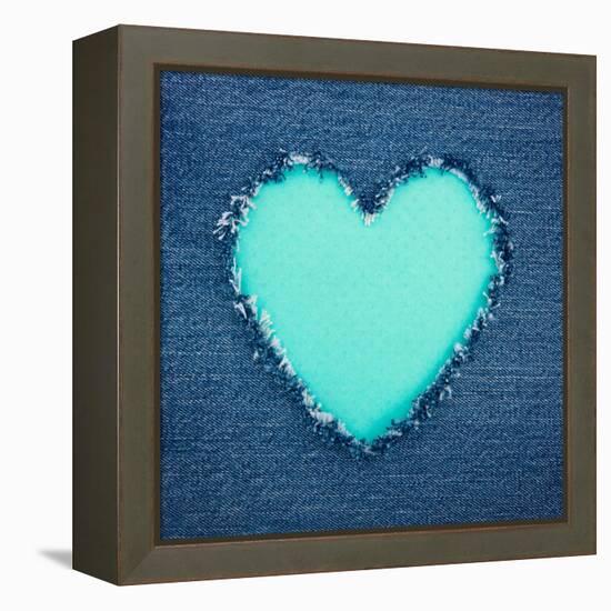 Turquoise Vintage Heart on Blue Denim Fabric-Anna-Mari West-Framed Stretched Canvas