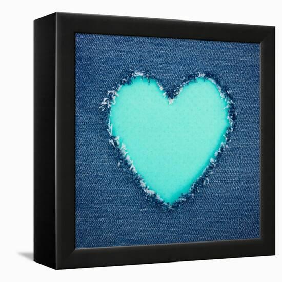 Turquoise Vintage Heart on Blue Denim Fabric-Anna-Mari West-Framed Stretched Canvas