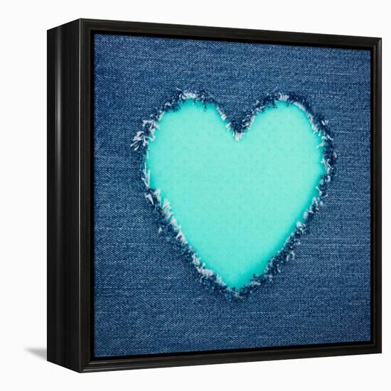 Turquoise Vintage Heart on Blue Denim Fabric-Anna-Mari West-Framed Stretched Canvas