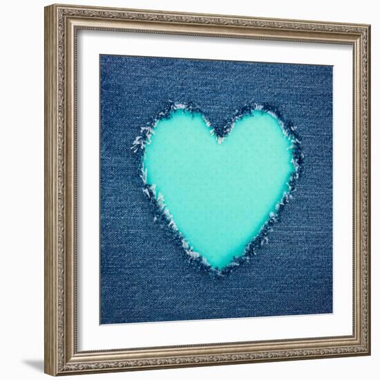 Turquoise Vintage Heart on Blue Denim Fabric-Anna-Mari West-Framed Art Print