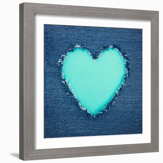 Turquoise Vintage Heart on Blue Denim Fabric-Anna-Mari West-Framed Art Print