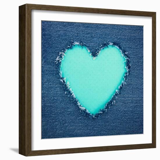 Turquoise Vintage Heart on Blue Denim Fabric-Anna-Mari West-Framed Art Print