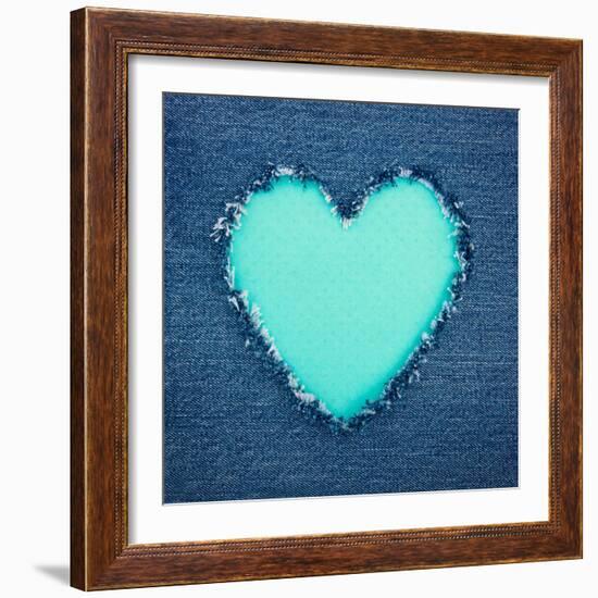 Turquoise Vintage Heart on Blue Denim Fabric-Anna-Mari West-Framed Art Print