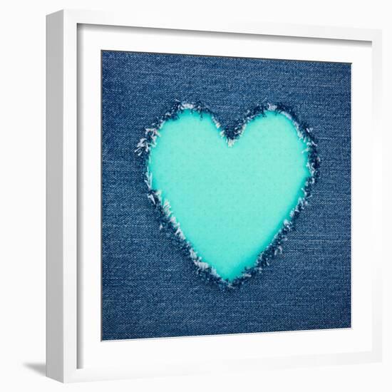 Turquoise Vintage Heart on Blue Denim Fabric-Anna-Mari West-Framed Art Print