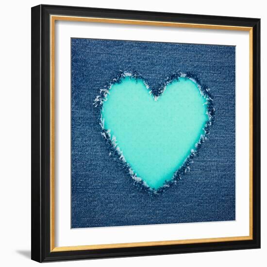 Turquoise Vintage Heart on Blue Denim Fabric-Anna-Mari West-Framed Art Print