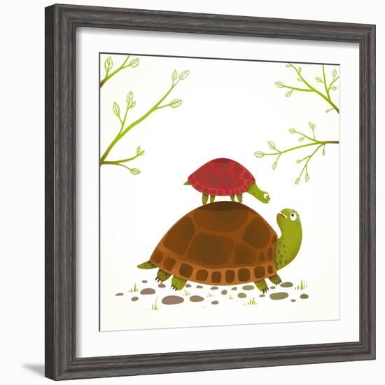 Turtle Mother and Baby Childish Animal Cartoon. Watercolor Style Drawing of Mom and Her Child. Vect-Popmarleo-Framed Art Print