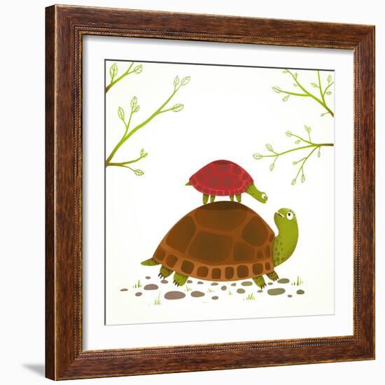 Turtle Mother and Baby Childish Animal Cartoon. Watercolor Style Drawing of Mom and Her Child. Vect-Popmarleo-Framed Art Print