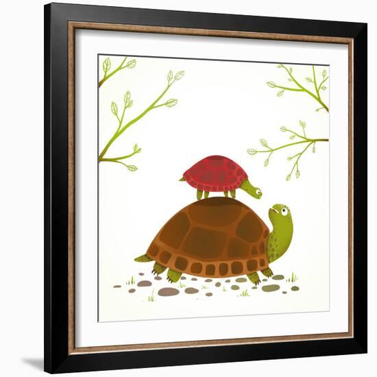 Turtle Mother and Baby Childish Animal Cartoon. Watercolor Style Drawing of Mom and Her Child. Vect-Popmarleo-Framed Art Print