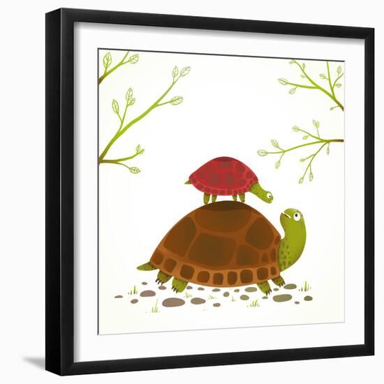 Turtle Mother and Baby Childish Animal Cartoon. Watercolor Style Drawing of Mom and Her Child. Vect-Popmarleo-Framed Art Print