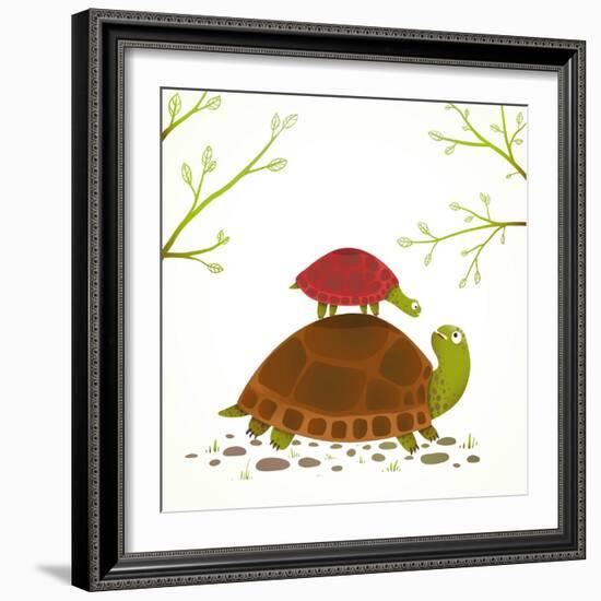 Turtle Mother and Baby Childish Animal Cartoon. Watercolor Style Drawing of Mom and Her Child. Vect-Popmarleo-Framed Art Print