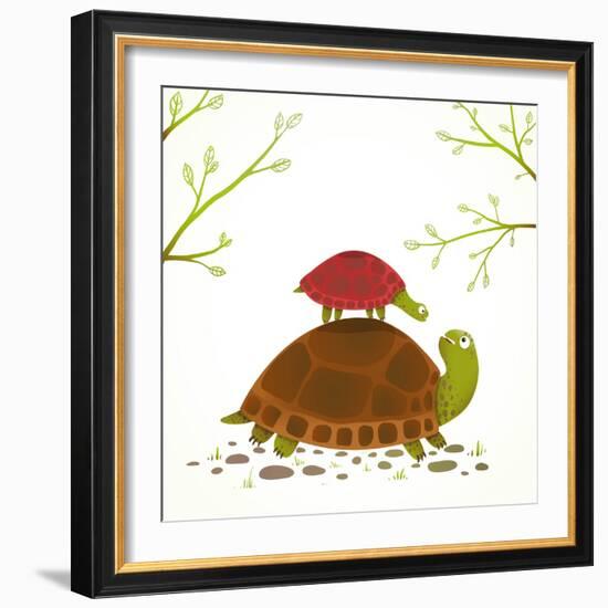 Turtle Mother and Baby Childish Animal Cartoon. Watercolor Style Drawing of Mom and Her Child. Vect-Popmarleo-Framed Art Print