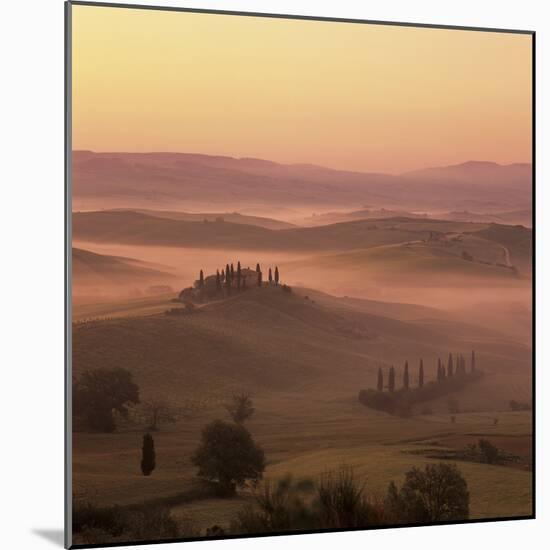 Tuscan farmhouse with cypress trees in misty landscape at sunrise, San Quirico d'Orcia-Stuart Black-Mounted Photographic Print