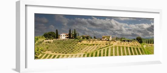 Tuscan landscape under thunder clouds. Farmhouse with vineyard. Tuscany, Italy.-Tom Norring-Framed Photographic Print