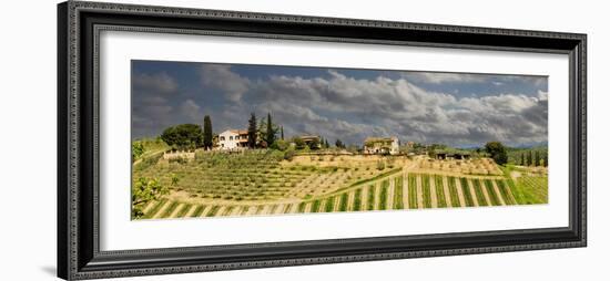 Tuscan landscape under thunder clouds. Farmhouse with vineyard. Tuscany, Italy.-Tom Norring-Framed Photographic Print