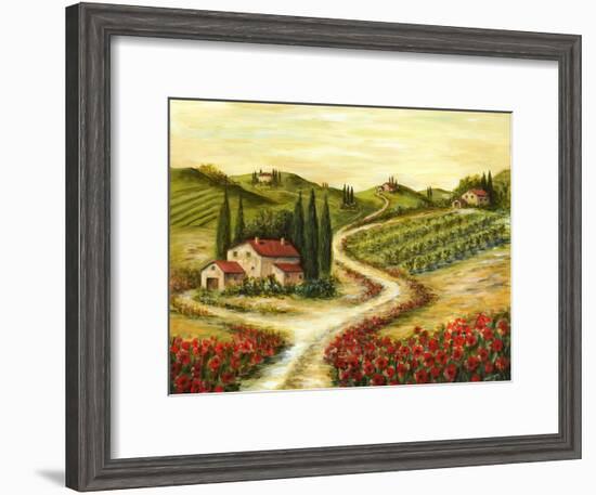 Tuscan Road With Poppies-Marilyn Dunlap-Framed Art Print