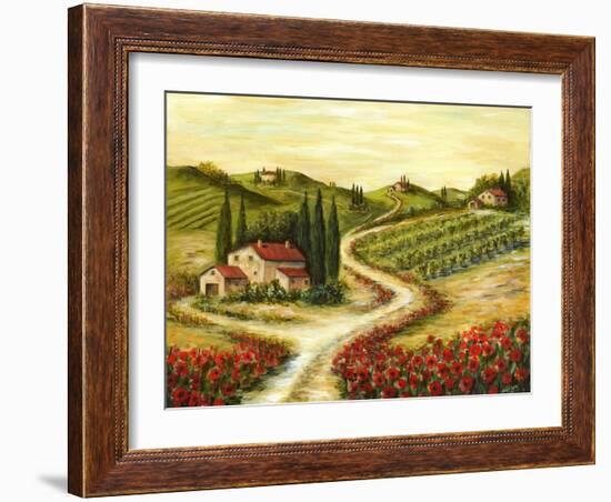 Tuscan Road With Poppies-Marilyn Dunlap-Framed Art Print