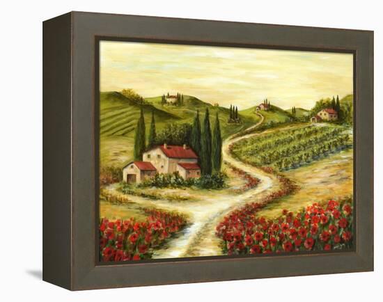 Tuscan Road With Poppies-Marilyn Dunlap-Framed Stretched Canvas