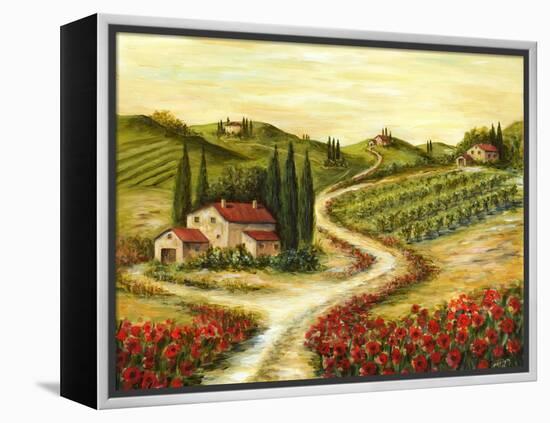 Tuscan Road With Poppies-Marilyn Dunlap-Framed Stretched Canvas