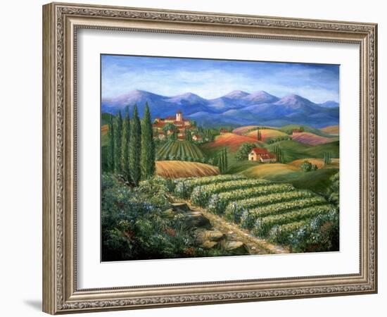 Tuscan Vineyard and Village-Marilyn Dunlap-Framed Art Print