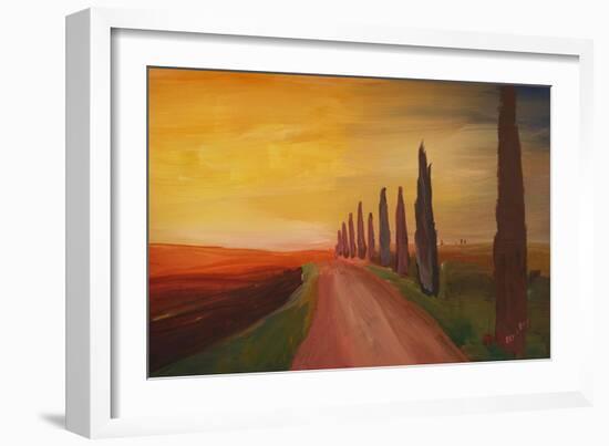 Tuscany Alley Way with Cypress at Dusk-Markus Bleichner-Framed Art Print