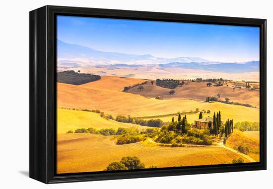 Tuscany, Farmland and Cypress Trees, Green Fields. San Quirico Orcia, Italy.-stevanzz-Framed Premier Image Canvas