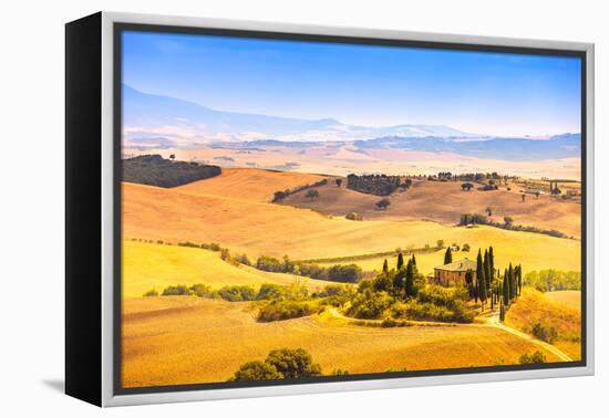 Tuscany, Farmland and Cypress Trees, Green Fields. San Quirico Orcia, Italy.-stevanzz-Framed Premier Image Canvas