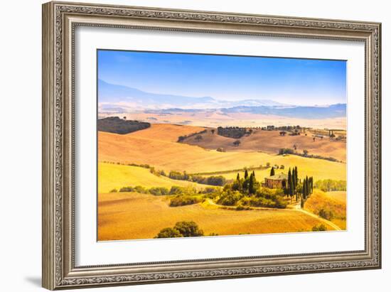 Tuscany, Farmland and Cypress Trees, Green Fields. San Quirico Orcia, Italy.-stevanzz-Framed Photographic Print