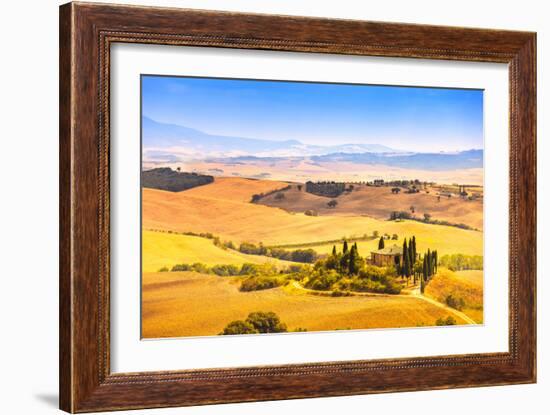 Tuscany, Farmland and Cypress Trees, Green Fields. San Quirico Orcia, Italy.-stevanzz-Framed Photographic Print