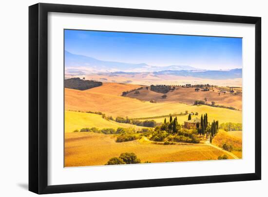 Tuscany, Farmland and Cypress Trees, Green Fields. San Quirico Orcia, Italy.-stevanzz-Framed Photographic Print