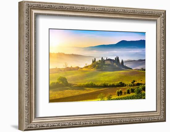 Tuscany Foggy Landscape at Sunrise, Italy-sborisov-Framed Photographic Print