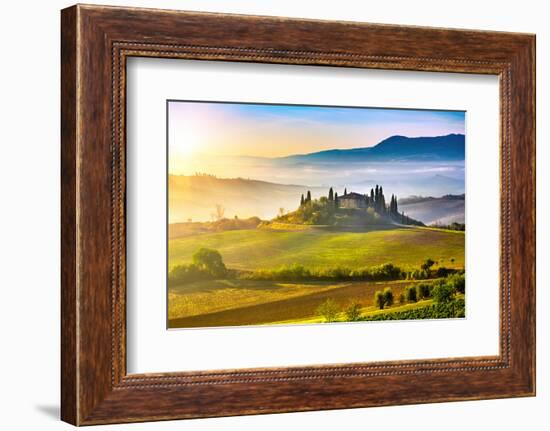 Tuscany Foggy Landscape at Sunrise, Italy-sborisov-Framed Photographic Print