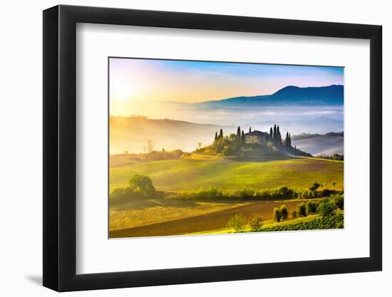 Tuscany Foggy Landscape at Sunrise, Italy-sborisov-Framed Photographic Print