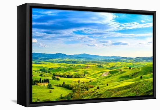 Tuscany, Rural Sunset Landscape. Countryside Farm, White Road and Cypress Trees.-stevanzz-Framed Premier Image Canvas