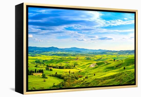 Tuscany, Rural Sunset Landscape. Countryside Farm, White Road and Cypress Trees.-stevanzz-Framed Premier Image Canvas