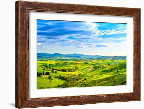 Tuscany, Rural Sunset Landscape. Countryside Farm, White Road and Cypress Trees.-stevanzz-Framed Photographic Print