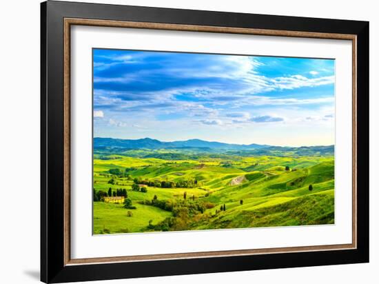 Tuscany, Rural Sunset Landscape. Countryside Farm, White Road and Cypress Trees.-stevanzz-Framed Photographic Print