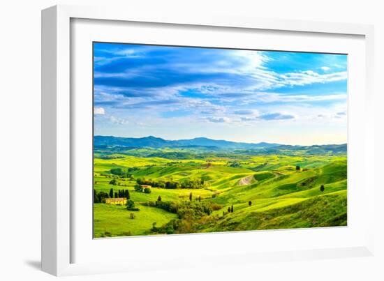 Tuscany, Rural Sunset Landscape. Countryside Farm, White Road and Cypress Trees.-stevanzz-Framed Photographic Print