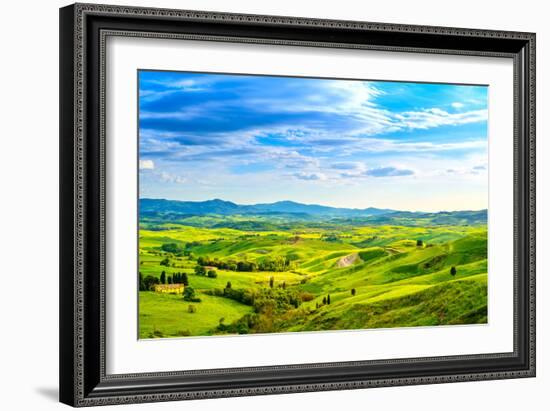 Tuscany, Rural Sunset Landscape. Countryside Farm, White Road and Cypress Trees.-stevanzz-Framed Photographic Print