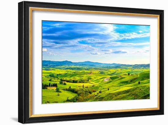 Tuscany, Rural Sunset Landscape. Countryside Farm, White Road and Cypress Trees.-stevanzz-Framed Photographic Print