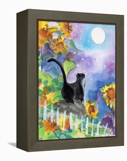 TUXEDO CAT MOONLIGHT SUNFLOWERS-sylvia pimental-Framed Stretched Canvas